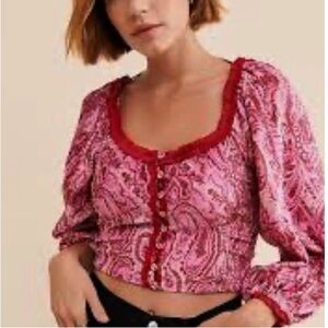 FREE PEOPLE DARE ME VELVET PAISLEY FLORAL RUFFLED TOP HOT PINK M and L